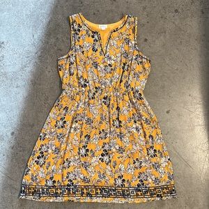Mustard dress with blue floral print and embroidery, size XL